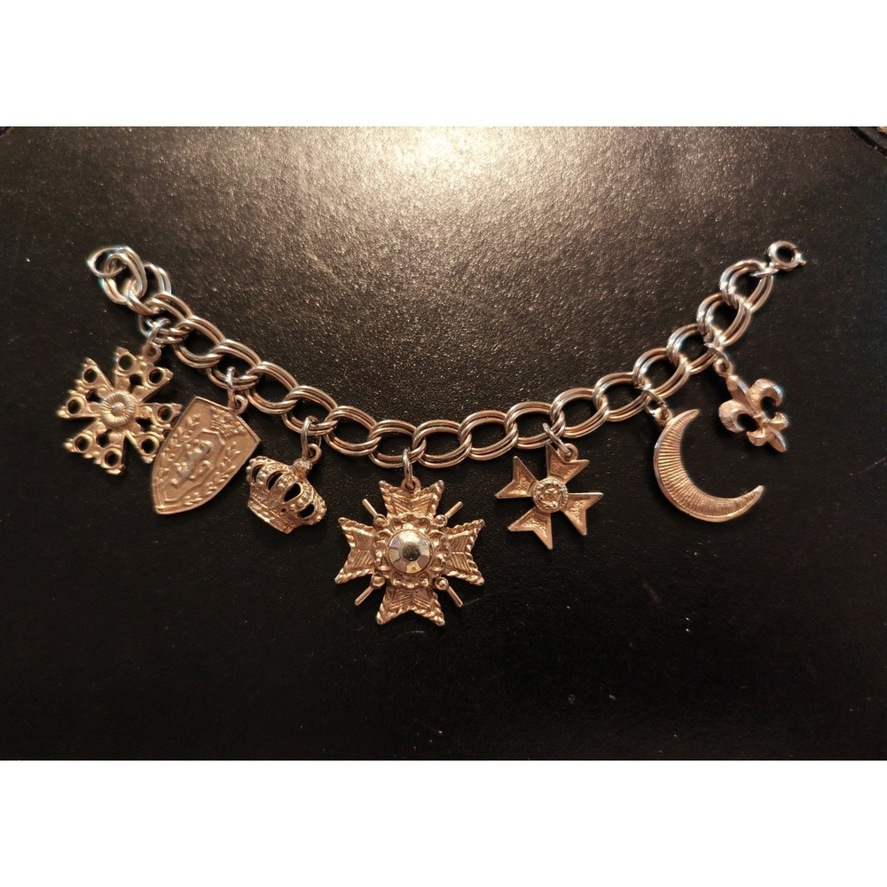 Vintage Gold Tone Heraldic Charm Bracelet Medieval Crown Shield Cross Moon Fleur